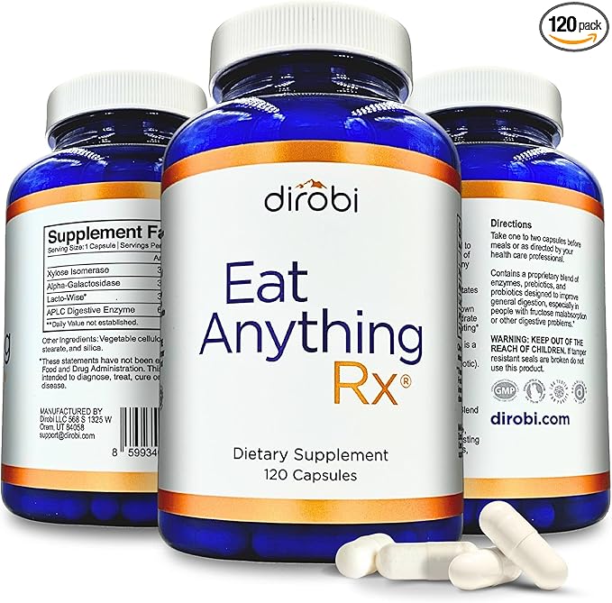 Dirobi Eat Anything Xylose Isomerase Fructose Malabsorption Enzymes, FODMAP Supplement, Digestive Enzymes for Better Lactose, Fat, Protein & Carbohydrate Digestion Gas & Bloating Relief 120 Capsules