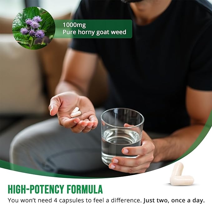 PHARMS Hornygoatweed for Men & Women (1,000 mg) - Energy & Stamina Capsules with Maca Root, Tribulus, Tongkat Ali, Saw Palmetto & Ginseng - Female & Male Performance Enhancing Supplement - 60 Capsules