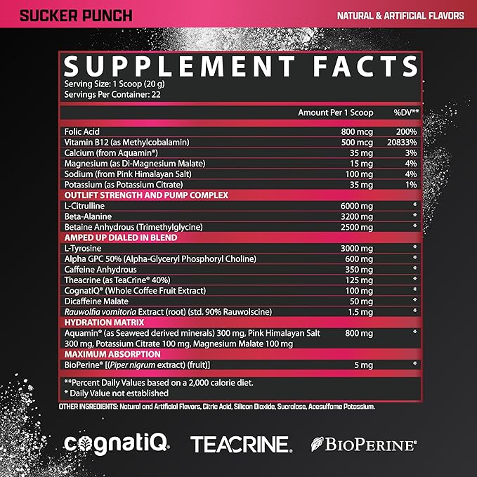 OUTLIFT Amped Max Dosed HIGH STIM Pre Workout Powder, 6G Citrulline, 3.2G Beta Alanine, Alpha GPC, CognatiQ, Extreme Energy, Massive Pumps, Strength, Electrolytes, Nootropics, Fruit Punch, 22 Servings