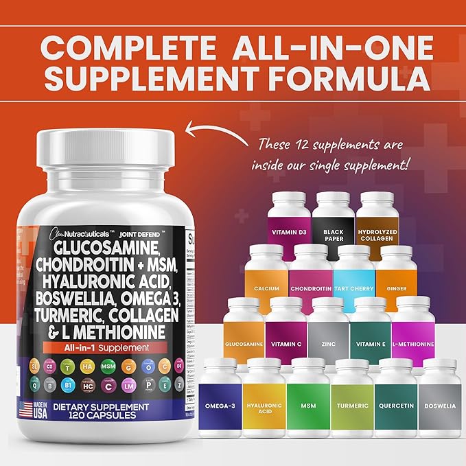Clean Nutraceuticals Glucosamine Chondroitin MSM 1500mg with Turmeric Curcumin, Collagen, Hyaluronic Acid, Omega 3 – Joint Health Supplement for Men & Women – Joint Complex – 120 Count