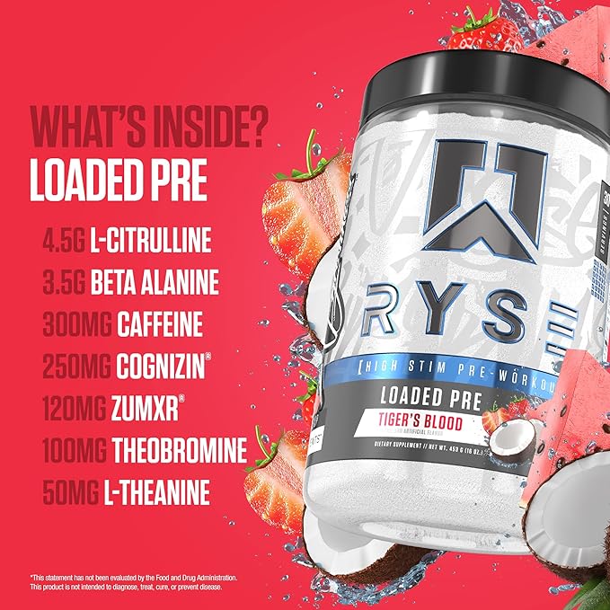 Ryse Loaded Pre Workout Powder - Tiger's Blood - Daily Pre-Workout for Men & Women with 390mg Caffeine, Beta Alanine, and Citrulline for Pump, Focus, and Energy - 30 Servings