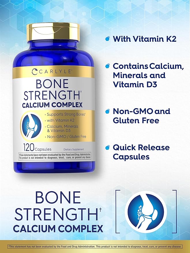 Carlyle Bone Strength Calcium Complex Supplement | with Vitamin D3, Magnesium, K2, Zinc & Boron | 120 Capsules | Non-GMO, Gluten Free
