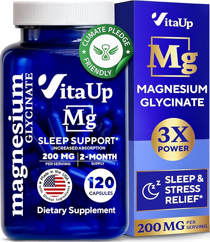 Magnesium Glycinate 200mg - USA Made Magnesium Supplement for Sleep, Heart, Bones, Metabolism Support - High Absorption Magnesium Bisglycinate Capsules - 120 Vegan Chelated Capsules
