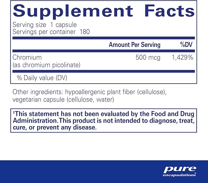 Pure Encapsulations Chromium (Picolinate) 500 mcg - for Lipid & Carbohydrate Metabolism* - Mineral Supplement - Superior Absorption Chromium Supplement - Vegan & Gluten Free - 180 Capsules
