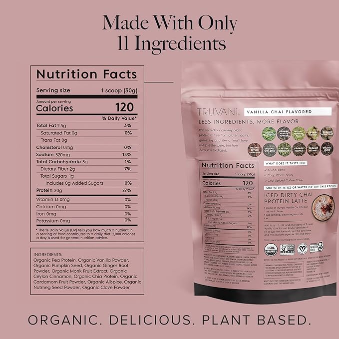 Truvani Vegan Pea Protein Powder | Vanilla Chai | 20g Organic Plant Based Protein | 20 Servings | Keto | Gluten & Dairy Free | Low Carb | No Added Sugar