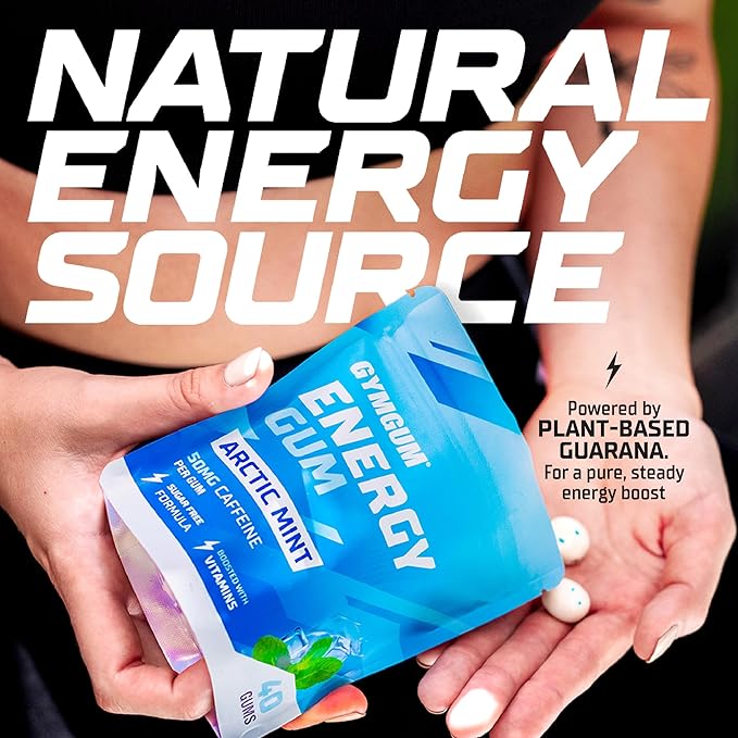 GYMGUM Energy Caffeine Gum | 50mg Caffeine | Sugar-Free, Keto-Friendly | Fast-Acting Energy & Focus Gum with Guarana & L-Theanine (40 Count, Arctic Mint)