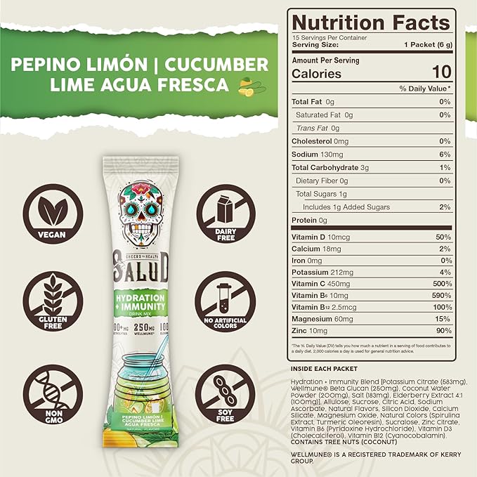 Salud 2-in-1 Hydration Packets + Immunity Electrolytes Powder, Cucumber Lime - Agua Fresca Drink Mix, Elderberry, Dairy & Soy Free, Non-GMO, Gluten Free, Vegan, Low Calorie, 1g Sugar (15 Servings)