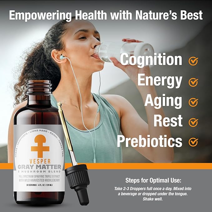 Vesper Gray Matter Mushroom Liquid Extract - 5 Mushroom Blend with Wild Huckleberries for Cognition, Energy, Aging Support, Rest & Prebiotics, USA-Grown, for Full-Spectrum Wellness – 4oz