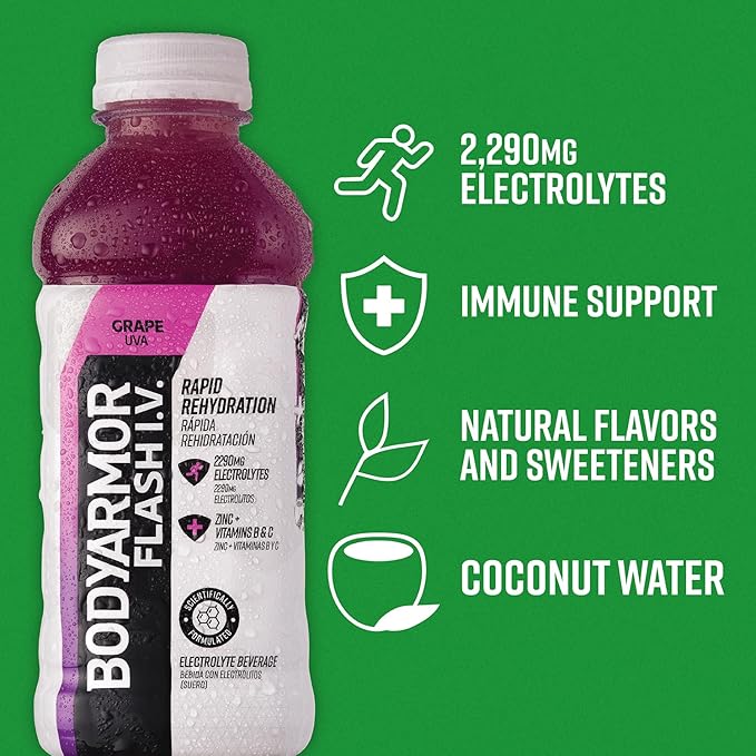 BODYARMOR Flash I.V. Electrolyte Beverage, Grape, Hydration Drink with Coconut Water For Rapid Rehydration, Post Workout Recovery, 20 Fl Oz (Pack of 12)