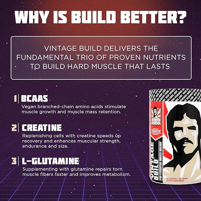 Vintage Build โ Post Workout Recovery & Muscle Building Powder Drink for Muscular Strength & Growth - Reduces Soreness โ Creatine Monohydrate, BCAAs, L-Glutamine โ Juicy Watermelon Flavor โ 388g