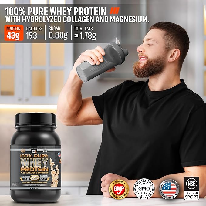 DL 100% Pure Whey Protein Powder + Collagen & Magnesium | 43g Protein – 8.7g BCAA – 0g Fat | Muscle Gain, Recovery & Nutrient Delivery | Immune Support | Quick & Easy Mixing Protein Powder | 2 lb