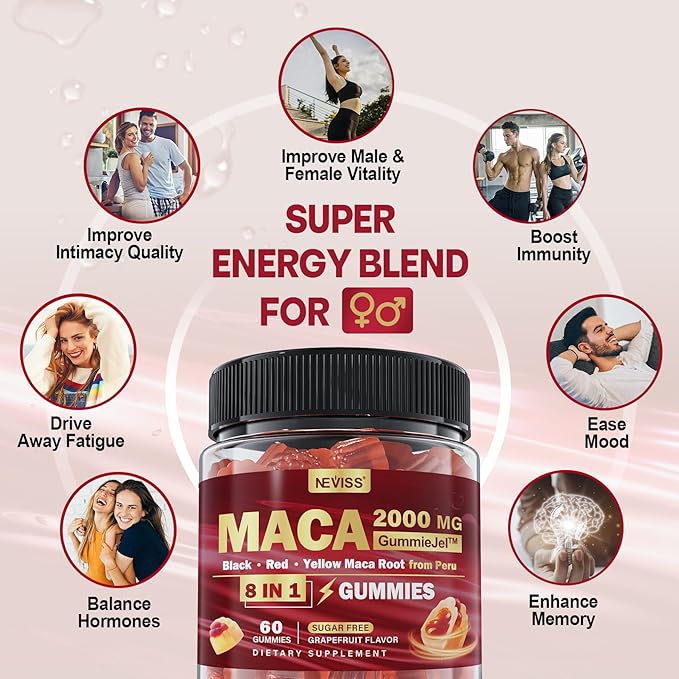 Maca Root Filled Gummies for Women Men | Sugar Free | Made in USA | Organic Black, Red, Yellow Maca Root Supplement Gummy 2000mg with Ashwagandha Ginseng | Vegan, Non-GMO, Grapefruit Flavor, 60 Count