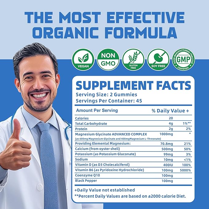 90 CT Magnesium Glycinate Gummies 1000mg - Sugar Free Magnesium Potassium Supplement with Vitamin D, B6, CoQ10 for Calm Mood & Sleep Support - 90 Blueberry Gummies.