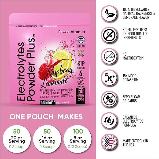 Electrolytes Powder Plus (50 Servings) Raspberry Lemonade Electrolyte Powder Zero Calorie Keto, 0 Sugar, No Maltodextrin,1000mg Potassium,120mg Calcium,120mg Magnesium, Hydration Powder