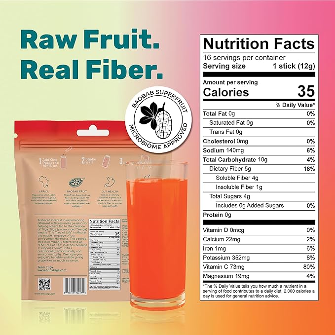 Tiiga 2-in-1 Gut Health + Hydration Drink Mix – Natural Debloat Formula with 75%+ Baobab & Coconut Water. High in Antioxidants, Prebiotics, Zero Added Sugar, Supports Digestion, Energy & Helps Debloat