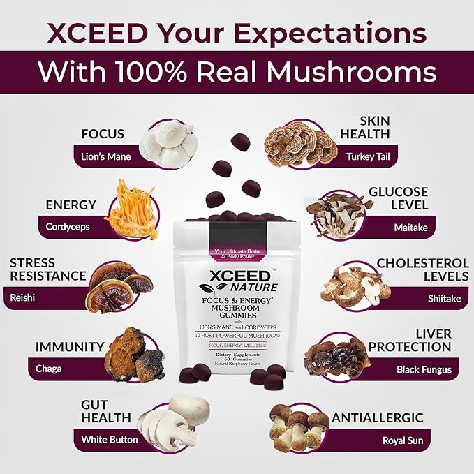 Lions Mane & Cordyceps Mushroom Gummies - 10in1 Supplement - for Focus, Energy, Mood, Memory & Clarity - 60 Pcs