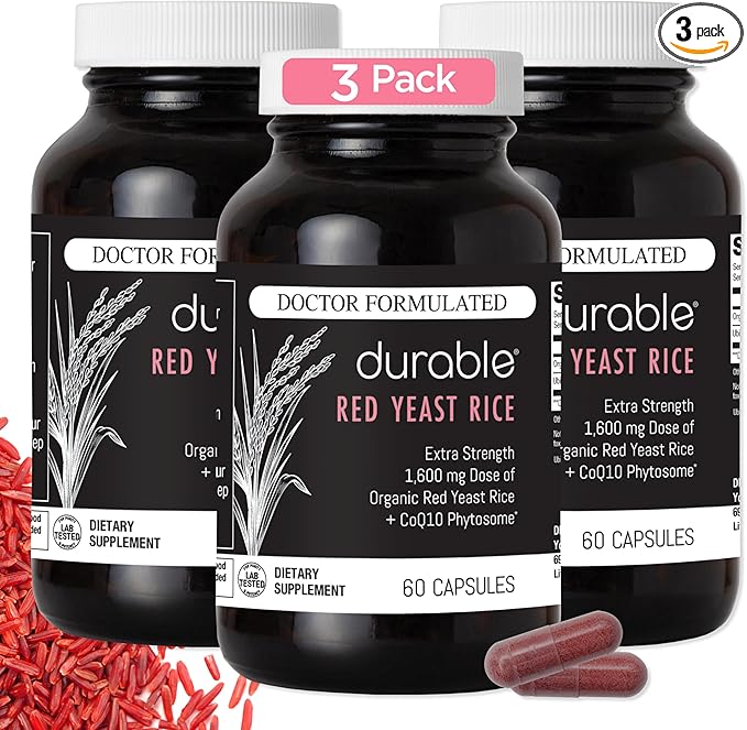 Durable Red Yeast Rice - Enhanced with CoQ10, Extra Strength Management, Heart Health, Healthy Blood Flow - 1600mg Organic Red Yeast Rice + 50 mg KanekaQ10 CoQ10 - (60 Count (Pack of 3))
