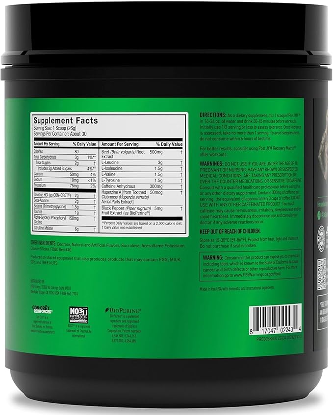 JYM Supplement Science Pre JYM Strawberry Kiwi Pre Workout Powder - BCAAs, Nootropics, Creatine HCI, Citrulline, Beta-Alanine, Betaine, Taurine, Huperzine 30 Servings