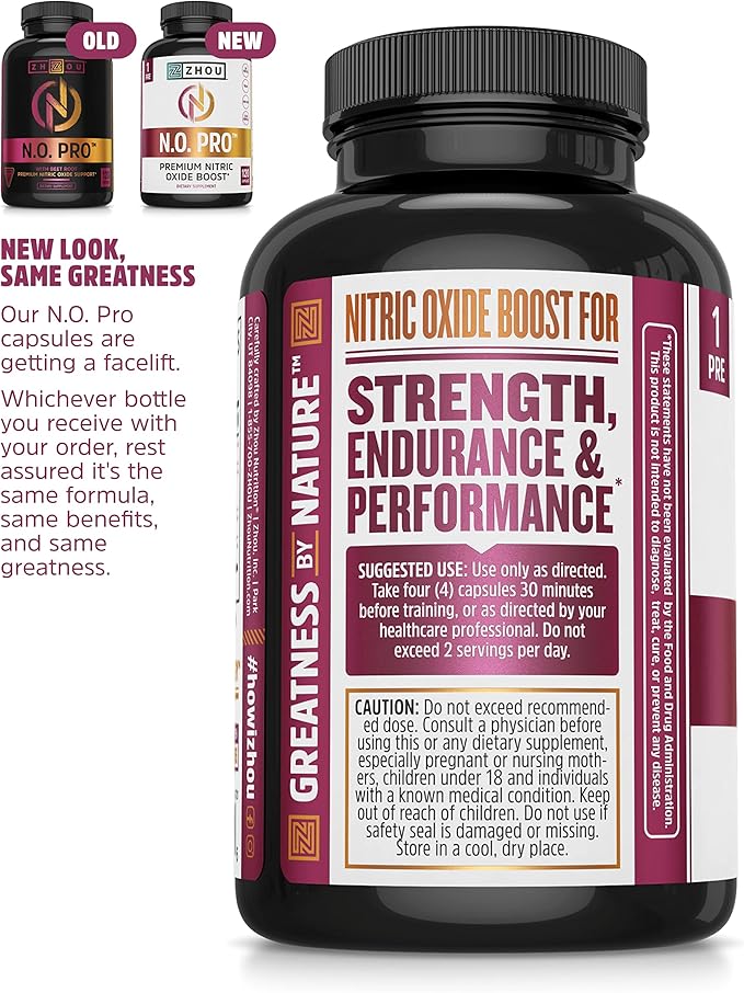 Zhou N.O. Pro - Premium Nitric Oxide Supplement for Men & Women, Heart, Muscle & Blood Support with Beet Root & L Arginine, Natural Nitric Oxide Booster - 120 Veggie Capsules