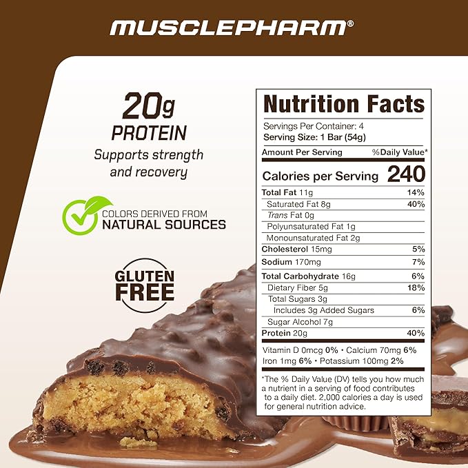 MusclePharm Combat Ready Chocolate Peanut Butter Cup, High Protein Bars, Combat Cravings, Fuel Performance & Meet Energy Demands, 20g Protein from Whey Protein, 5g Fiber, Gluten Free, 4 Bars