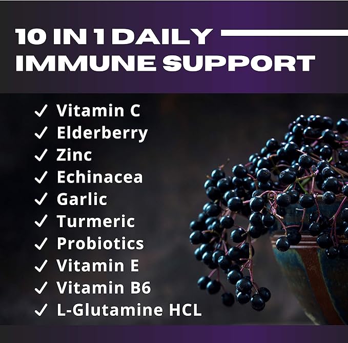 Nutrition 10 in 1 Elderberry, Vitamin C, Zinc, Vitamin E, Vitamin B6, Echinacea, Garlic, Turmeric, L-Glutamine HCL & Lactobacillus Probiotics & Antioxidants for Immune Defense 1 Month Supply