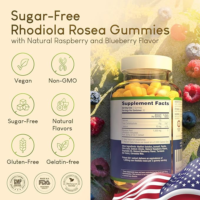 Purify Life Sugar-Free Rhodiola Rosea Gummies (1500mg/Serving) Cortisol Detox & Adrenal Support Supplement - Adaptogenic Rhodiola for Mood, Motivation, Stamina & Performance, Non-GMO, 60 Vegan Chews