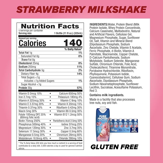 Pure Protein Strawberry Protein Shake, 30g Complete Protein, Ready to Drink and Keto-Friendly, Vitamins A, C, D, and E plus Zinc to Support Immune Health, 11oz Bottles, 12 Pack