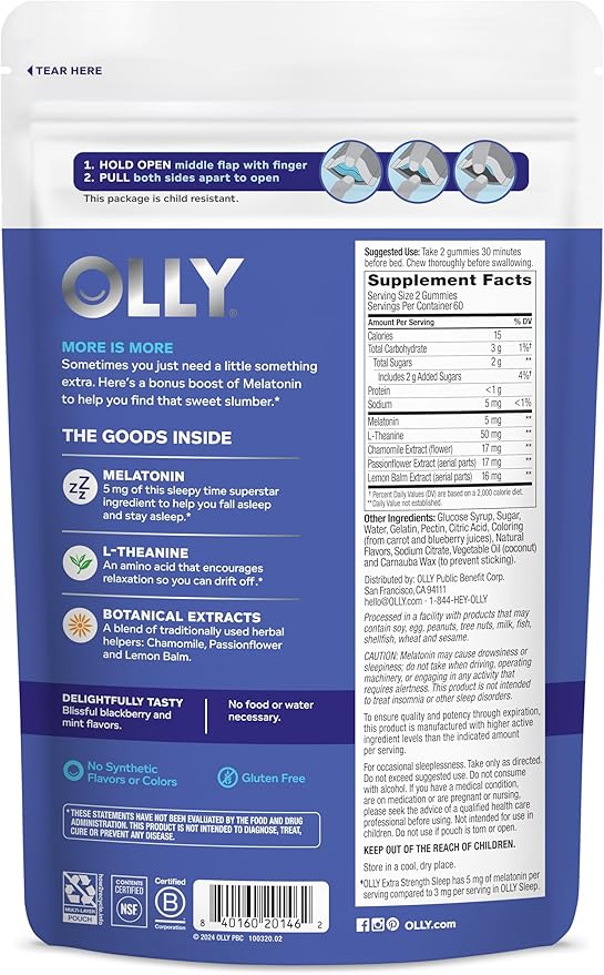 OLLY Extra Strength Sleep Gummy, 5 mg Melatonin, L-Theanine, Chamomile, Lemon Balm Extracts, Sleep Aid, BlackBerry Flavor - 120 Count