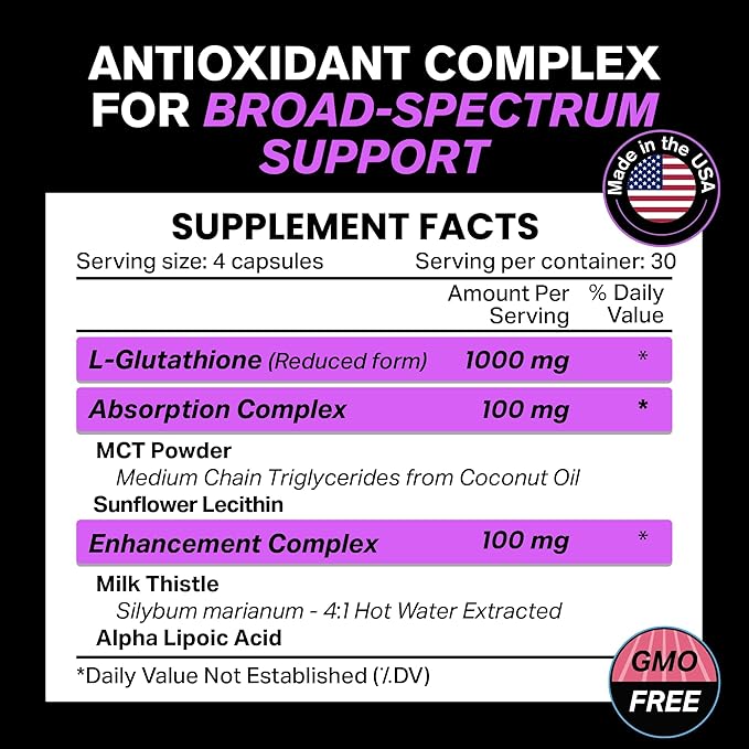 1000mg Glutathione for Immune Support - 100mg Absorption Complex - Reduced Liposomal Glutathione Supplement with Alpha Lipoic Acid - Brain Booster, Glowing Skin, Liver Support, 120 Vegetarian Capsules