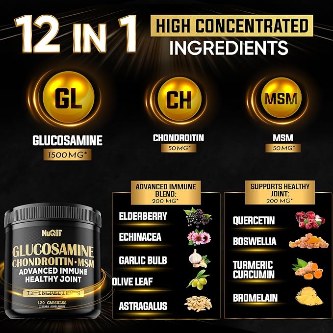 Glucosamine Chondroitin MSM with Immune & Joint Support Supplement 2000mg - Turmeric Curcumin Root, Boswellia, Elderberry, Echinacea & More - 120 Capsules - Bone Health, Flexibility & Strength Support