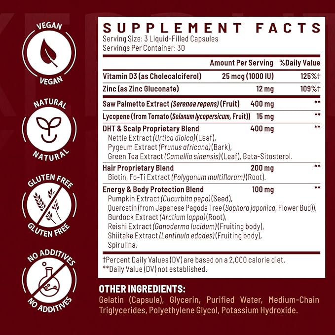 DHT Blocker for Men | Hair Growth Supplement with Saw Palmetto & Biotin - Hair Growth Vitamins - Hair Regrowth - Natural Hair Loss Supplements Liquid-Filled - Proprietary Herbal Blends (90 Capsules)