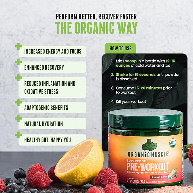 USDA Organic Pre-Workout Powder, Strawberry Mango | Clean Energy Without Jitters | Natural Performance Boost | No Artificial Sweeteners | 20 Superfoods | Low Caffeine, 20 Servings