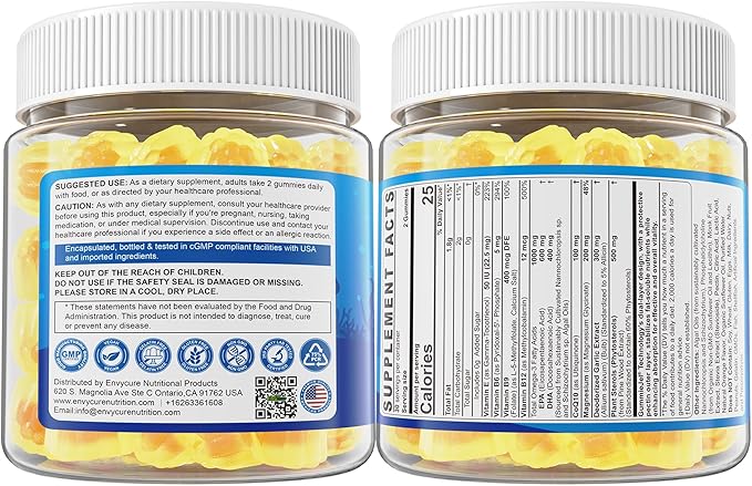 Vegan Omega-3 Gummies 1000mg +CoQ10+Magnesium- EPA 600mg & DHA 400mg, Fish Oil Omega 3 Supplements Alternative for Women Men- Liposomal Algae- Plant Sterols, Deodorized Garlic, B6,B9, B12, Sugar Free