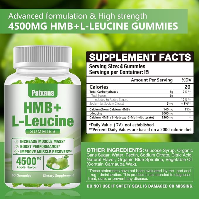 1 Pack HMB and L-Leucine Gummies, 4500mg, for Muscle Growth, Muscle Relief and Workout Recovery, for Men & Women, Non-GMO, Vegan, Gluten Free, Apple Flavor, 60 Count.