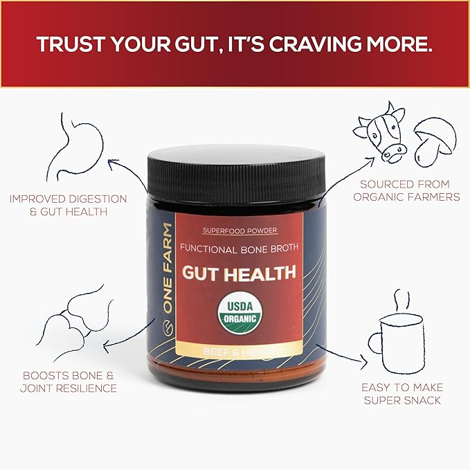 One Farm Superfood Powder Gut Health, Organic Gut Soothing Blend and Prebiotic Blend, Non-GMO, Prebiotics with Bone Broth, Turkey Tail Mushroom, Slippery Elm, and Marshmallow Root for GI Health