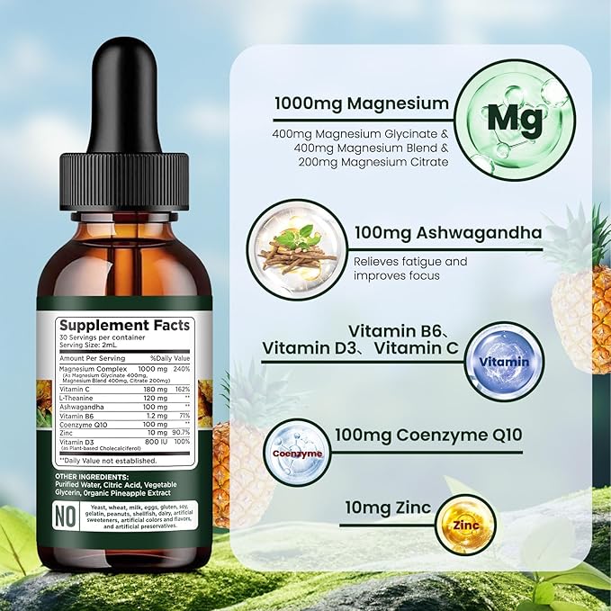 Triple Magnesium Complex Supplement, Magnesium Glycinate, Blend, Citrate Liquid Drops 1000mg with Ashwagandha, CoQ10, Vitamin B6, C, D, Zinc - Vegan Pineapple Flavor