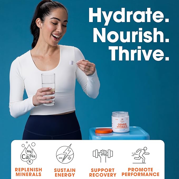 The Genius Brand - Genius Hydrate Powder Drink Mix Blue Raspberry 50 Serving - Electrolyte Hydration Booster Supplement with Coconut Water Potassium Magnesium Zinc Sugar Free No Artificial Sweeteners