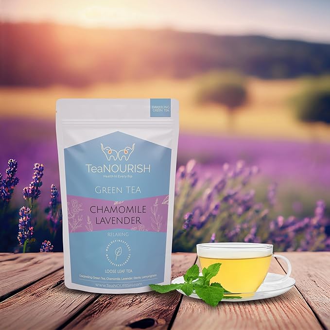 TeaNOURISH Chamomile Lavender Green Tea | Loose Leaf Tea | Calming & Relaxing Chamomile Sleep Tea | Bedtime Tea | 100% NATURAL | Brew Hot or Iced Tea - 3.53oz/100g