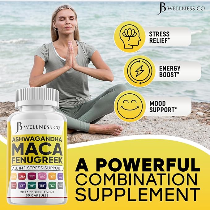Ashwagandha Maca Root, Fenugreek Supplement with Tongkat Ali Ginseng - Assists with Mood & Thyroid Health - 60 Count