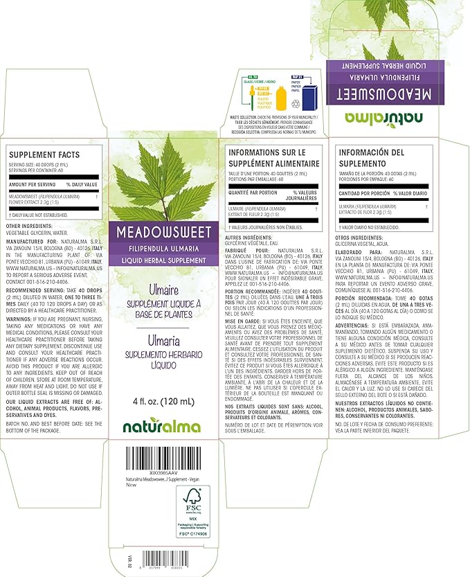 Naturalma Meadowsweet (Filipendula ulmaria or Spirea ulmaria) Flower Alcohol-Free Tincture - 4 fl oz Liquid Extract in Drops - Herbal Supplement - Vegan