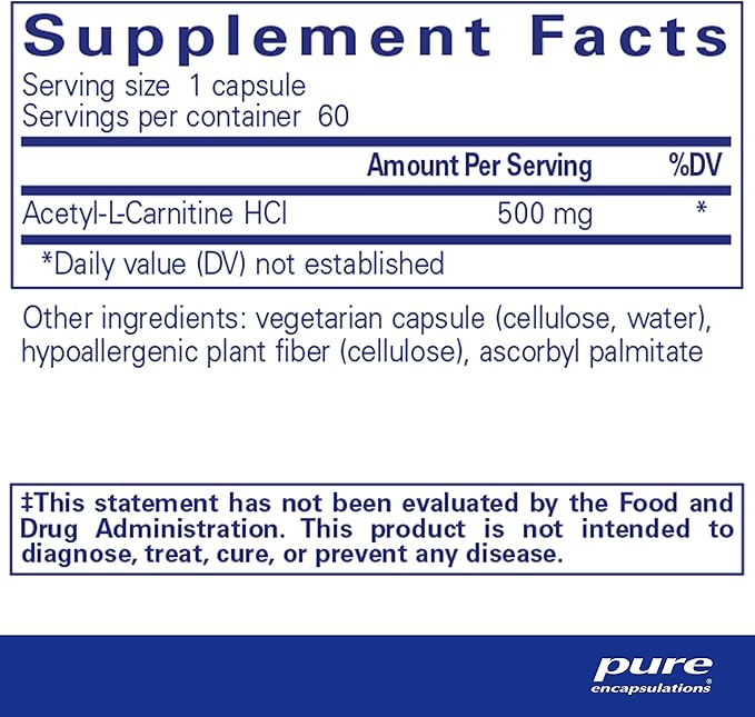 Pure Encapsulations Acetyl-L-Carnitine 500 mg - Memory & Brain Supplement - Brain Support & Focus* - Gluten Free & Non-GMO - 60 Capsules