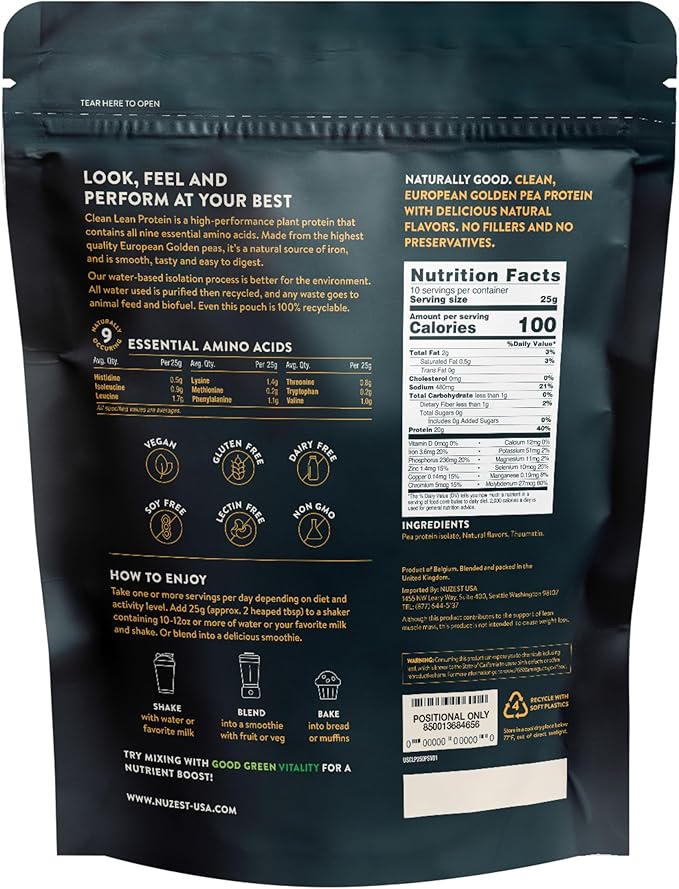 Nuzest - Vegan Pea Protein Powder - Clean Lean Protein, Premium Plant Based Protein Powder, Dairy Free, Gluten Free, GMO Free Protein Shake Smooth Vanilla, 8.8 oz