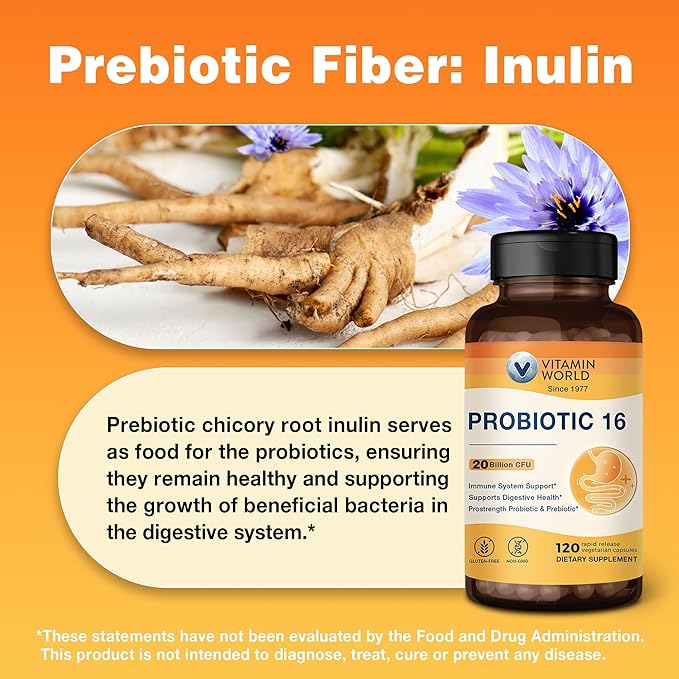 Vitamin World Probiotic 16, 20 Billion CFU, 16 Strains with Prebiotic Fiber for Digestive & Immune Health, Probiotics for Women & Men, Non-GMO, Gluten Free, 120 Veggie Capsules, 60 Day Supply