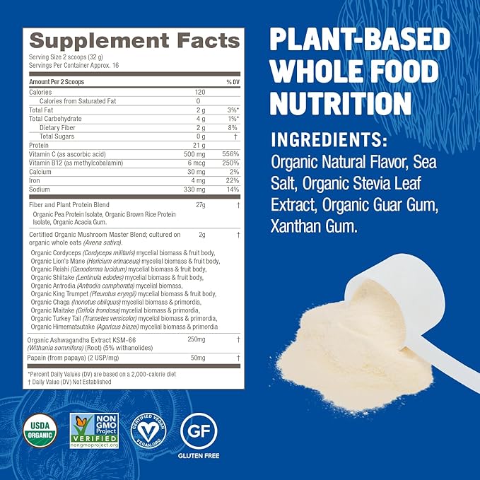 OM MUSHROOM SUPERFOOD Master Blend Plant-Based Protein Powder, 16 Servings, Creamy Vanilla with 10 Mushroom Blend & Adaptogens for Recovery