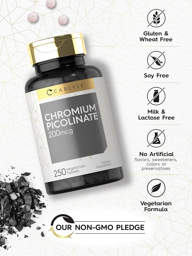 Carlyle Chromium Picolinate 200mcg | 250 Vegetarian Tablets | High Absorption | Non-GMO, Gluten Free Supplement