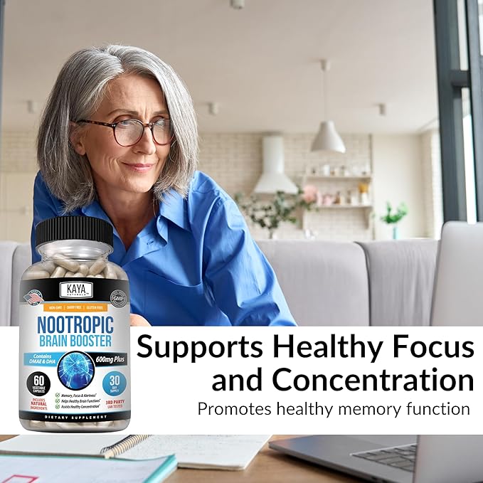Kaya Naturals - Nootropic Brain Booster - for Memory & Focus - Brain Support Supplement - Focus & Concentration & Learning Accuracy - Cognitive Function - 60 Count