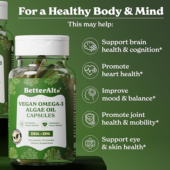 Vegan Omega-3 Softgel Capsules | Algae Oil (1000 mg) | 501 mg DHA | 6 mg EPA | Helps Promote Brain Health | 1-Month Dietary Supplement