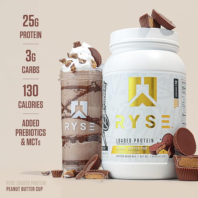 Ryse Loaded Protein Powder - Peanut Butter Cup - 25g Whey Protein Isolate & Concentrate with Prebiotic Fiber & MCTs - Low Carb, Low Sugar, Digestive-Friendly - 27 Servings / 2 lb Tub