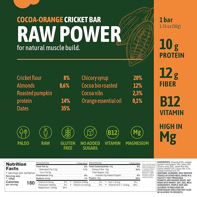 Raw Power Cocoa Orange Cricket Bar, Fit and Active Protein Bars, Nutritious Paleo Diet Snacks, Meal Replacement Bars with Cricket Protein, Energy Bar for Post Workout, Pack of 8 - Green Bite