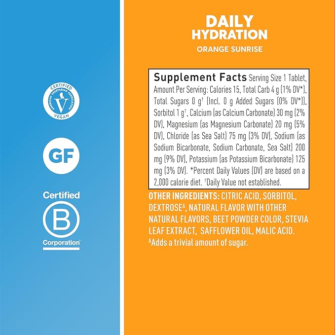 Nuun Daily Electrolyte Tablets with Magnesium, Calcium, Potassium, Chloride & Sodium, Gluten Free, Sugar Free, & Vegan, Orange Sunrise Flavor, 8 Pack (80 Servings Total)